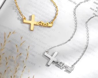 Personalized Amharic Name Necklace, Cross Name Necklace with Amharic Name, Ethiopian Semitic Language Cross Necklace, Holy Communion Gift