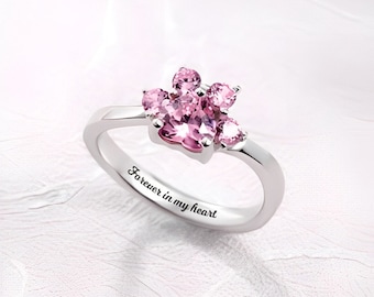 Custom Engraved Paw Print Birthstone Ring in 925 Sterling Silver, Dog/Cat Paw Zirconia Ring, Dainty Jewelry for Dog or Cat Lovers/Owners