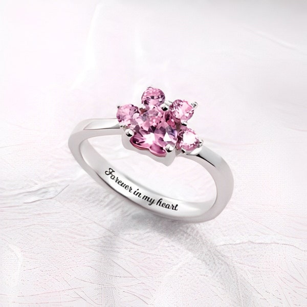 Personalisierter Pfotenabdruck mit Geburtsstein-Ring aus 925er Sterlingsilber, Zirkonia-Ring, zierlicher Schmuck für Hunde- oder Katzenliebhaber / -besitzer