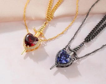 Heart & Sword Necklace Set, Custom Jewelry Set for Couples, Heart-shaped Birthstone Pendant, Gothic Jewelry Gifts, Wife/Husband/Couples Gift