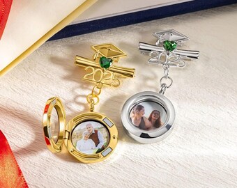 Personalized Graduation Lapel Pin with Photo & Birthstone, Custom Graduation Cap Memorial Photo Brooch, Class of 2025 Gift for Graduates