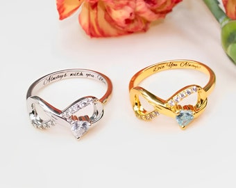 Personalized Engraving Infinity Ring with Heart Birthstone, 925 Sterling Silver/18k Gold Plated Infinity Ring, Custom Engraving Promise Ring