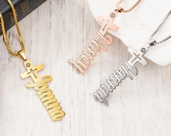 Personalized Cross Name Pendant Necklace - Custom Christian Baptism Jewelry Gift for Mom, First Communion or Christening Gift for Her