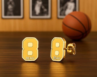 Team Number Stud Earrings w/ Custom Name, Stainless Steel Sport Number Earrings,  Sport Jewerly for Players/Teammates/Fans/Coaches/Moms