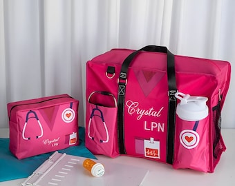 May include: Pink travel bag with a stethoscope, a water bottle, and a small pink pouch. The bag has the name "Crystal LPN" printed on it.