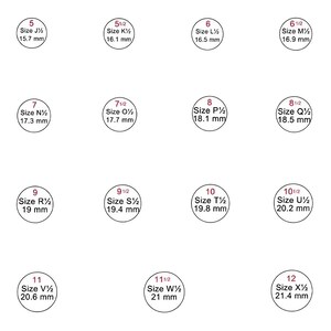 May include: A chart of ring sizes with corresponding measurements in millimeters. The chart shows sizes 5 through 12, with half sizes included.