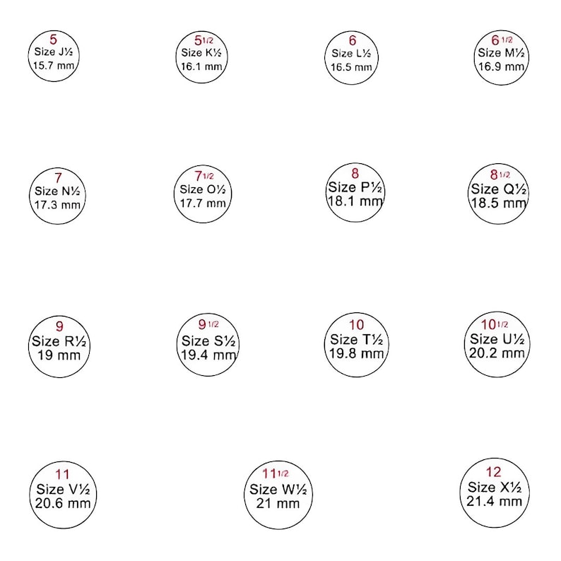May include: A chart of ring sizes with corresponding measurements in millimeters. The chart shows sizes 5 through 12, with half sizes included.
