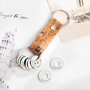 Travel Keychain with Custom Country Token/Charms, PU Leather Keychain for Travel Fans/Travel Keepsake, Travel Related Gift Idea