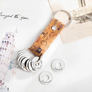 Travel Keychain with Custom Country Token/Charms, PU Leather Keychain for Travel Fans/Travel Keepsake, Travel Related Gift Idea