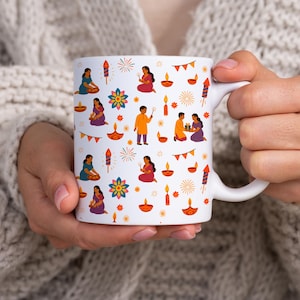 Diwali Mug 11oz Ceramic Cup with Festive Hindu Holiday Print, Diwali Gift Idea & Home Decor Drinkware