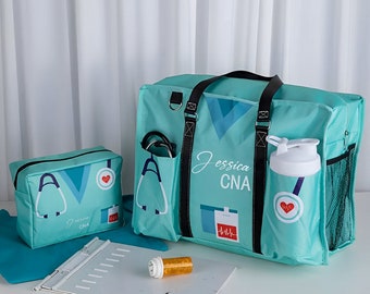 Green Nurse Bag Set with Custom Name, Canvas Large Nursing Zip Up Bag, School Nurse Travel Bag, Nurse Appreciation/Graduation Gift