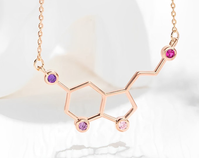 Serotonin Molecule Necklace with Custom Birthstones, Happy Neurotrasmitter 925 Sterling Silver Pendant, Gift for Doctor/Neuroscientist