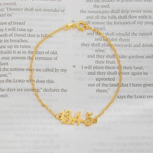 May include: A gold-colored necklace with the numbers 1345 as a pendant. The necklace is displayed on a background of printed text. The chain is delicate and the clasp is visible.