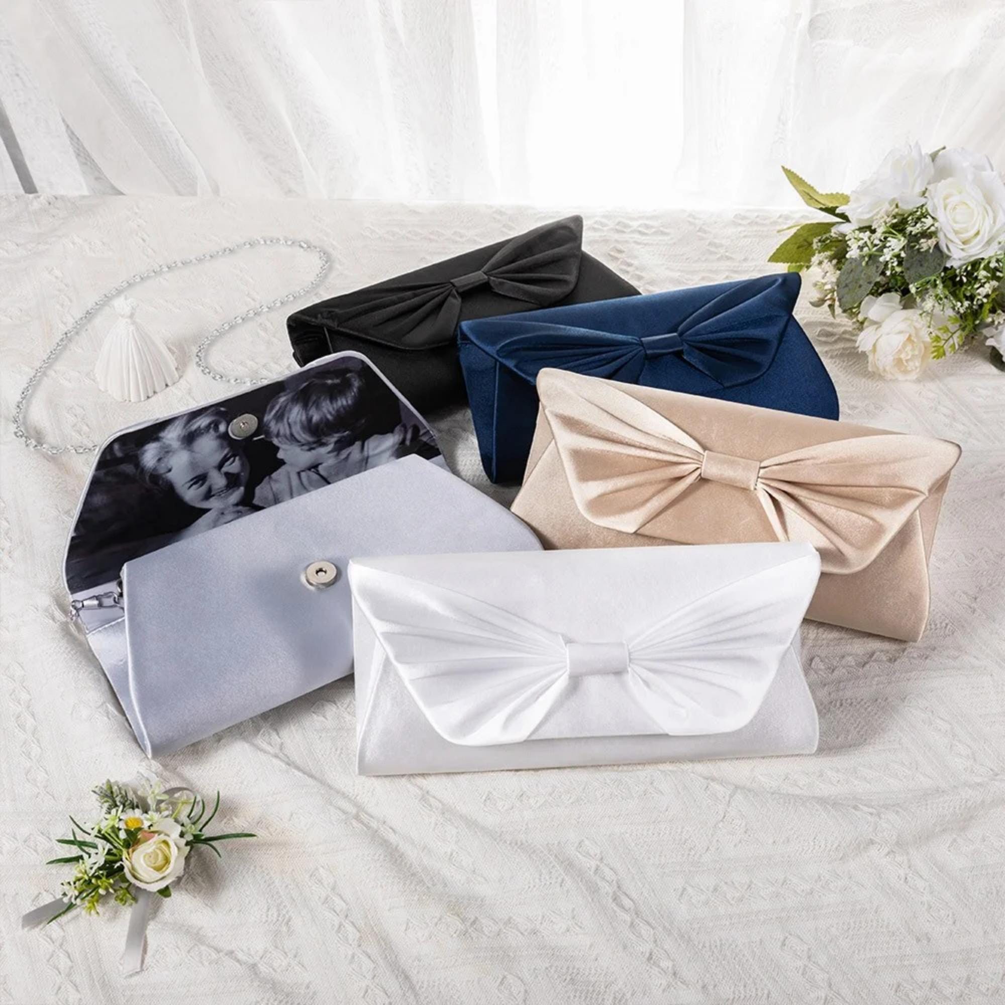 Personalized Bow Tie Clutch with Custom Photo, Mother of Bride Wedding Gift, Something Old Photo Prop Purse for Mom, Mother's Day Clutch Bag