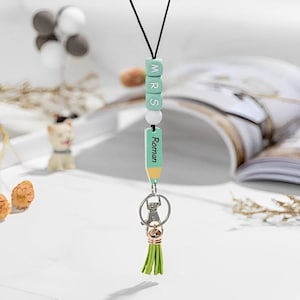 Mini cordón personalizado para profesor con borla, cuentas de letras personalizadas y nombre grabado, cordón colorido, ideal como regalo de Navidad para profesor.