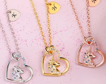 Collier coeur personnalisé licorne initiale, collier licorne coloré personnalisé pour fille, cadeau pour amoureux de la licorne, argent sterling/plaqué or 18 carats
