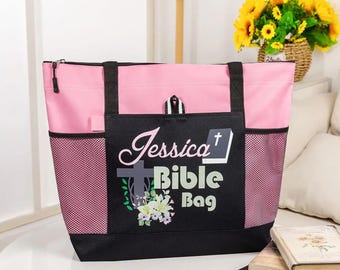 Personalized Name Bible Tote Bag with Cross and Flowers, Custom Mesh Bible Study Bag, Scripture Shopping Handbag, Christian Gift for Women