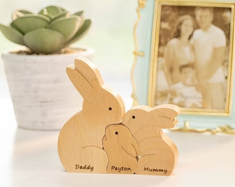 Custom Names Family of Easter Bunnies Wooden Decor Puzzle, Engraved Easter Bunny Ornament, Easter Home Decor with Personalized Engravings