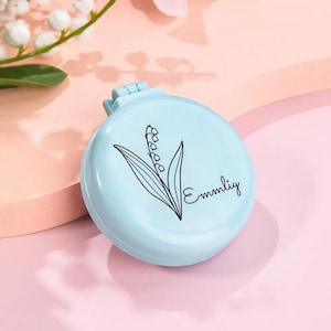 Cepillo de pelo de bolsillo con flor de nacimiento personalizada + nombre, mini peine de aire portátil personalizado con espejo, lindo regalo de cumpleaños para niñas