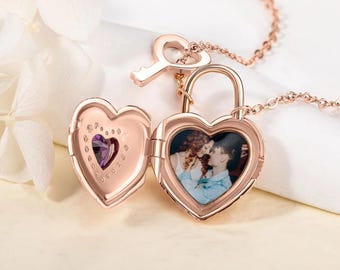 Personalized Photo Heart Lock Necklace with Birthstone, Love Padlock & Key Pendant, Anniversary Valentine’s Day Gift for Her/Wife/Couple