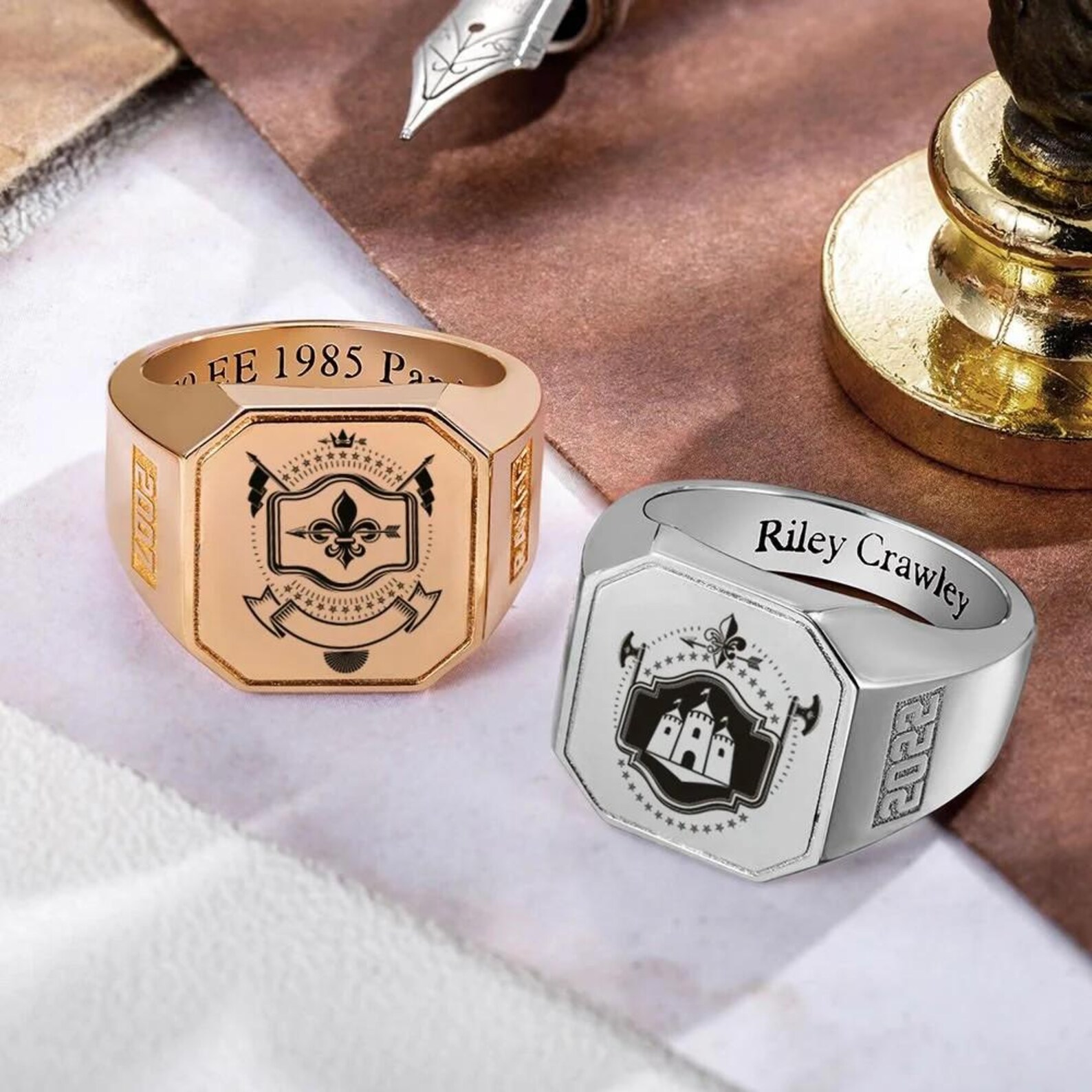 Custom Engraved Men's Class Ring With Custom College Logo + Inner ...