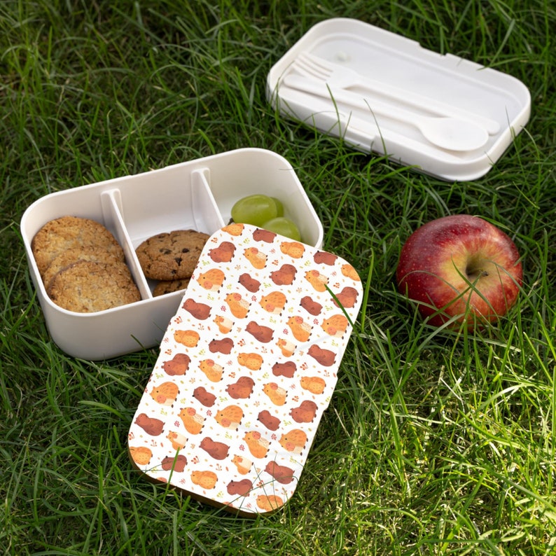 Capybara Print Bento Lunch Box, Kawaii Chibi Style Capybara Bento Lunch Box, Capybara Silicone Lunch Box, Capybara Lunch Box with Utensils image 1