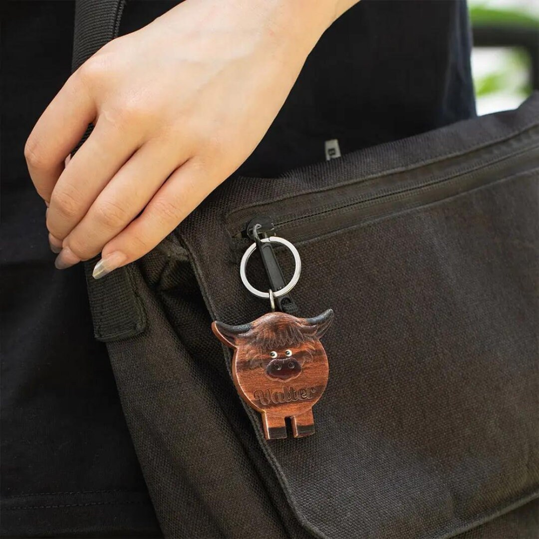 2 portachiavi con ciondolo a forma di mucca delle Highland con nappe e