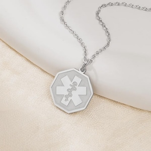 Custom Medical Alert Necklace, Engraved ID Tag Emergency Pendant, Allergy Diabetes Epilepsy Info Charm, Gift for Ederly Family Members