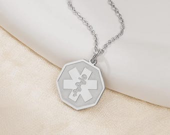 Custom Medical Alert Necklace, Engraved ID Tag Emergency Pendant, Allergy Diabetes Epilepsy Info Charm, Gift for Ederly Family Members