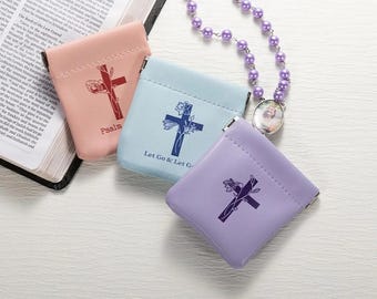 Custom Rosary Pouch with Cross Birth Flower and Squeeze Top, 1st Communion Gift, Catholic Christian Missionary Gift, Catholic Church Gift