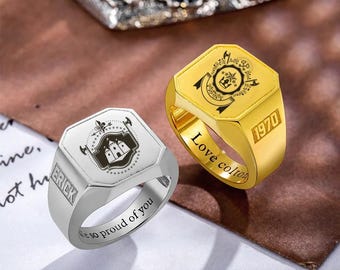 Engraved College Ring 18号 Custom Engraved Men's Class Ring With Custom College Logo + Inner