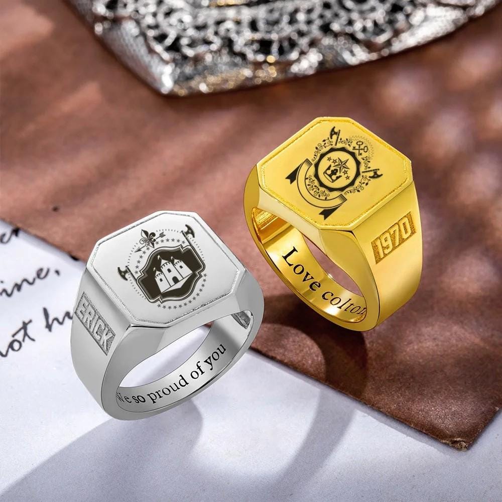 Custom Engraved Men's Class Ring With Custom College Logo + Inner
