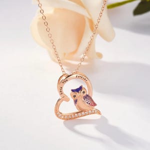 Personalized Engraved Owl Heart Necklace with Cubic Zirconia, Owl Lover Jewelry Gift, Nature Lover Personalized Necklace for Her