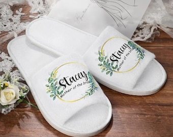 Aangepaste bruidsfeest katoenen pantoffels, gepersonaliseerde naam + bruiloftsrol spa-slippers voor bruidsmeisjes, bruidsfeest/vrijgezellenfeest/vrijgezellenfeest geschenken