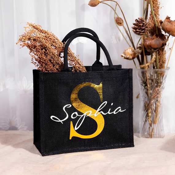 Borsa in lino nero con nome personalizzato, borsa tote nera