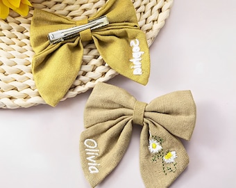 Personalized Embroidered Clip in Hair Bow for Girls, Custom Name Hair Bow with Embroidered Flowers, Custom Girl's Hair Accessories