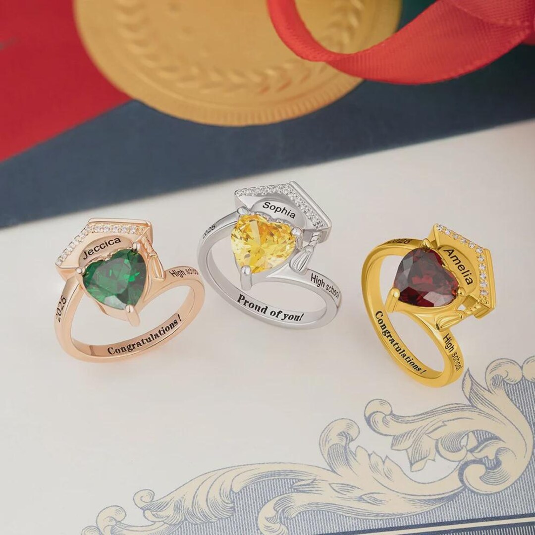 Graduation Rings Hat Personalized Graduation Cap Ring With Heart Birthstone, Custom Class of ...