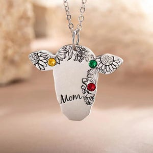 Cow Necklace w/ Custom Name + Birthstone, Retro Bohemian Cow Flower Necklace, Engraved Cow Shaped Necklace for Cow Lovers, Country Girl Gift
