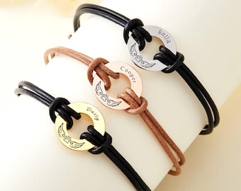 Custom Pet Name Paw Print with Angel Wings Bracelet, Engraved Leather Pet Loss Memorial Jewelry, Gift for Pet Owners, Pet Lover Tribute