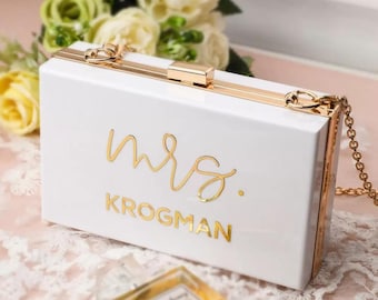 Personalized Name White Bridal Clutch Bag for Wedding, Custom Name White  Acrylic Purse for Bride with Gold Detailing, Bridal Shower Gifts