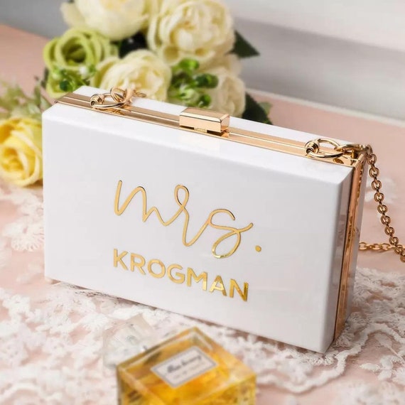Personalized Name White Bridal Clutch Bag for Wedding, Custom Name