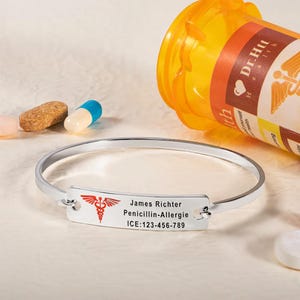 Custom Engraved Medical Alert ID Bracelet - Allergy & Emergency Wristband, Medical Identidication Bangle for Elderly Men and Women