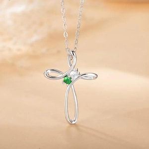 Custom Family Birthstone Cross Necklace in 925 Sterling Silver, Symbolic Family Birthstone Necklace in Cross for Christian, Religious Gifts