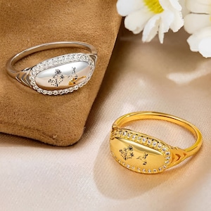 Custom Birthflower + Hummingbird Ring, Vintage Style Dainty Hummingbird Ring in 925 Sterling Silver/18k Gold Plated,Gifts for Her/Girlfriend