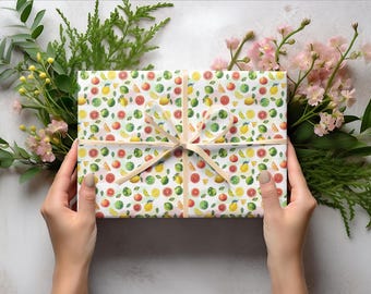 Rollo de papel de regalo con estampado de cítricos, papel de regalo de primavera y verano con temática frutal, hoja de regalo vibrante para los amantes de los cítricos
