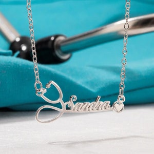 Personalized Stethoscope Name Necklace, 925 Sterling Silver/18k Gold Plated Doctor Name Necklace, Medical School Graduation Gift Ideas