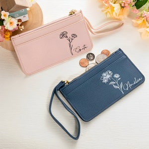 Porte-cartes personnalisé avec fleur de naissance, Porte-monnaie avec nom personnalisé, Portefeuille zippé en cuir végétalien, Cadeau en cuir synthétique pour elle