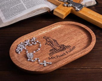 Custom Name Wooden Rosary Tray, Custom Catholic Wooden Rosary Tray, First Communion/Confirmation Gift, Sacrament Gift for Godparent/Godchild