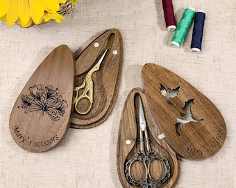 Custom Name Vintage/Stork Scissors w Engraved Wood Magnetic Box, Custom Name/Message Engraved Scissor Box + Sewing Scissors, Seamstress Gift