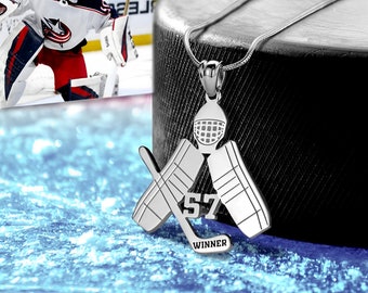 Aangepaste naam + nummer ijshockeykeeperketting met optionele geboortesteen in 925 sterlingzilver, cadeau ijshockeyspeler/fan/team/coach